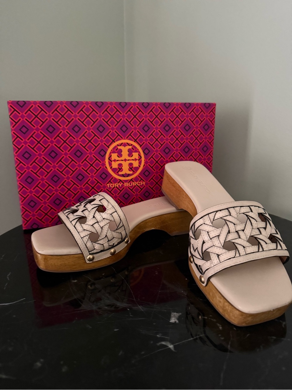 Tory Burch Leather Wooden Clog Slides with Box